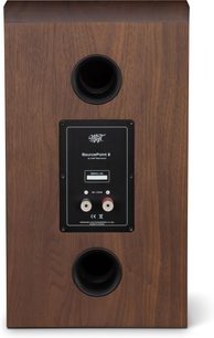Boekenplankluidspreker Mofi Electronics SourcePoint 8 walnoot achteraanzicht met twee poorten en zwarte aansluitklemmen
