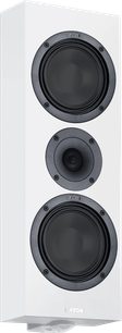 Cassa acustica da parete Canton GLE 15 PRO SS2 bianca opaca, vista di tre quarti, frontale con due woofer neri e tweeter centrale