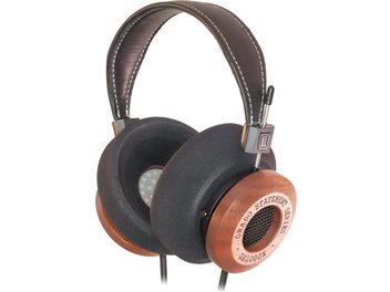 Cuffia aperta Grado GS1000x, padiglioni in legno marrone con griglia, cuscinetti in schiuma neri, archetto in pelle, vista di tre quarti