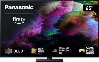Panasonic TV-65Z85AEG højdefinitionsfjernsyn, OLED-skærm, 65 tommer, set forfra, logoer fire tv, HCX PRO AI MK II, THEATER SURROUND PRO, GAME MODE EXTREME