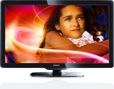 Philips 32PFL4606 tv der viser et portræt af en smilende ung pige på en lys rød og blå baggrund