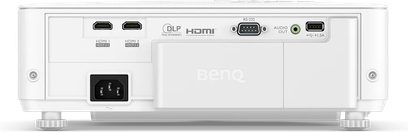 Benq TK700ST hvid videoprojektor, set forfra, med HDMI-, VGA-, USB-, RS-232-, audio out-stik og kontrolpanel