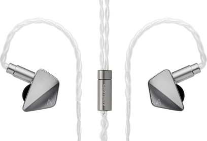 Astell&Kern ZERO 1 in-ear hovedtelefoner med grå trekantede skaller, hvide snoede kabler og sølvfarvet cylindrisk stik