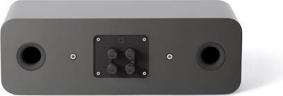Q Acoustics Concept 90 centralhøjttaler i grå lak, set forfra, afrundet rektangulær form, 2 højttalere, 4 bolte