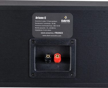 Hlavní reproduktor Davis Acoustics Ariane C černý, zadní strana s dřevěnou žilkovou strukturou, zapuštěné červené a černé svorky, pohled zezadu