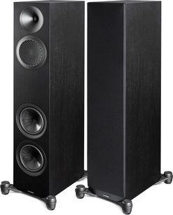 Diffusori da pavimento Paradigm Premier 720F v2 neri, vista frontale con altoparlanti a vista e griglia di protezione rimovibile