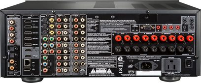 NAD T 777 V3 grafiithall kodukino-võimendi, tagakülg, arvukad audio/videosisendid, kõlaripesad, toitelüliti