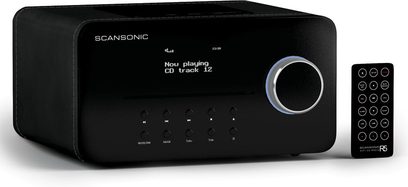 Sort digital radio Scansonic SC-R5, set forfra, med LCD-skærm, kontrolknap og 6 knapper øverst