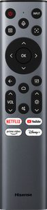 Hisense Remote Control, front view, black circular buttons, Netflix, YouTube, Prime Video, Disney+ logos, gray finish