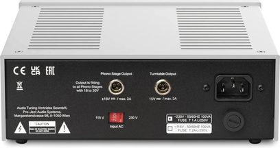 Pro-Ject Power Box RS2 PHONO alimentazione esterna argentata, vista posteriore con uscite phono e giradischi