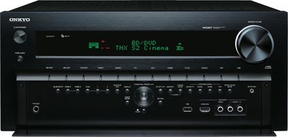 Onkyo TX-NR828 sort hjemmebiografsforstærker, set forfra, grøn skærm "THX S2 Cinema 3D", mange knapper og stik