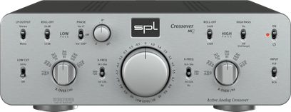 Filtru activ audio SPL Crossover Mk2 argintiu, reglaj central mare și comenzi de frecvență pe panoul frontal