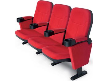 Rangée de 3 fauteuils de cinéma Lumene Hollywood Confort V2 rouges, en cuir, avec accoudoirs et porte-gobelets noirs
