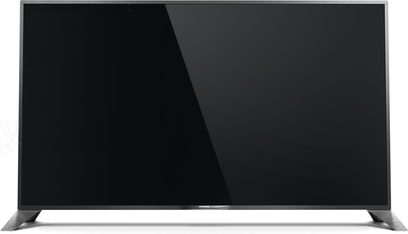 Philips 55PUS8809 TV, slukket skærm, smal sort ramme, børstet aluminiumsfod, forfra set på hvid baggrund