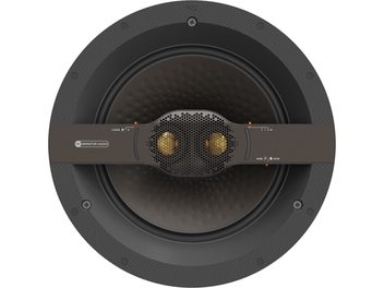 Diffusore da incasso Monitor Audio C2L-T2X, vista frontale, griglia nera forata, altoparlanti dorati, cornice grigio scuro