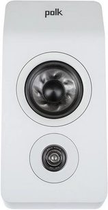 Polk Audio R900 højttaler i hvid, set forfra, med sort rund højttaler i midten, rundt sort og hvidt logo forneden