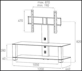 Teknisk diagram med dimensioner af et Sonorous PL2400B-INOX TV-møbel i glas og metal, set forfra og fra siden