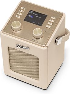 Altoparlante intelligente Roberts Mini 2 color crema con rivestimento effetto pelle, vista 3/4, schermo, due manopole, griglia, maniglia laterale