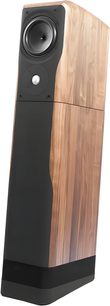 Enceinte colonne Chario Academy Sovran en placage bois brun veiné et façade noire mate, vue trois-quarts avant gauche, coffret galbé en deux sections avec haut-parleur médium-grave noir et tweeter métallique apparents