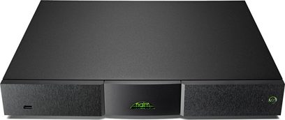 Naim Audio ND5XS2 netværksaudioafspiller, set forfra, rektangulært mat sort kabinet, front med grøn skærm og USB-port