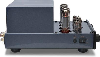 Amplificatore hi-fi a valvole PrimaLuna Evo 100 integrato nero, vista frontale, 2 valvole sulla parte anteriore, interruttore e presa per cuffie sul davanti