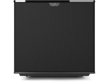 Subwoofer MartinLogan Grotto 15 v černém lesklém provedení, pohled zepředu s velkou přední mřížkou a vycentrovaným logem