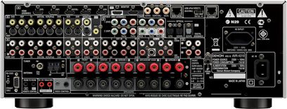 Denon AVR-4310 hjemmebiograf-forstærker, frontpanel, mange audio/video-stik, knapper og drejeknapper til justering