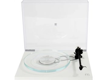 Giradischi hi-fi Rega Planar 6 con testina Nd7, vista frontale, coperchio trasparente aperto, piatto in vetro, braccio nero