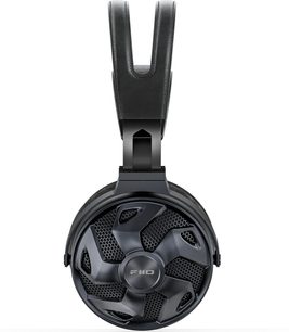 Cuffia hi-fi cablata aperta FiiO FT3 350 Ohm nera, con scocca metallica a griglia alveolare radiale e archetto doppio con fascia in similpelle, vista laterale