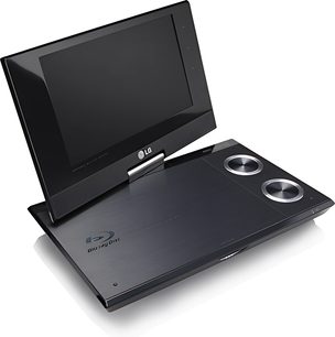 LG BP691B sort Blu-ray-afspiller, set forfra og fra siden, med to indbyggede højttalere, LCD-skærm og kontrolknapper