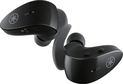 Åbent hi-fi hovedsæt Yamaha TW-ES5A sort, set forfra og fra siden, ovale ørepuder, buet hovedbøjle, sideknapper