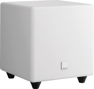 Dali Fazon Sub 1 hvid subwoofer, kubisk form, afrundede hjørner, hvid lakeret overflade, sølvfarvet logo på forsiden