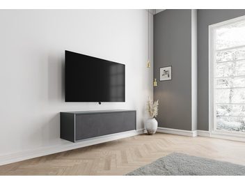 Sieninė garso ir vaizdo spintelė Clic TV Series modelis TV55" 20S, tamsiai pilka, tekstūrinio audinio fasadas, vaizdas iš kairės trijų ketvirčių perspektyvos