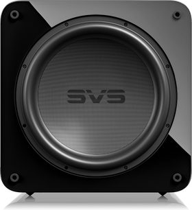 Cassa subwoofer SVS SB-5000 R|Evolution nero laccato frontale con griglia circolare e logo SVS al centro