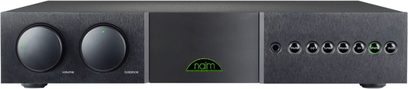 Naim Audio SUPERNAIT 3 Stereo-Hi-Fi-Verstärker, schwarze Front mit 2 Lautstärkeknöpfen, 6 Bedienknöpfen und grünem Logo, Frontansicht