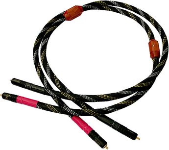 Xindak FS guld B 1m RCA-kabel, røde og sorte stik, sort og gul flettet kappe, set forfra