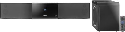 Panasonic SC-BFT800EGK sort hi-fi-anlæg i sort, set forfra, bestående af 3 elementer: 2 vertikale højttalere og 1 hovedenhed