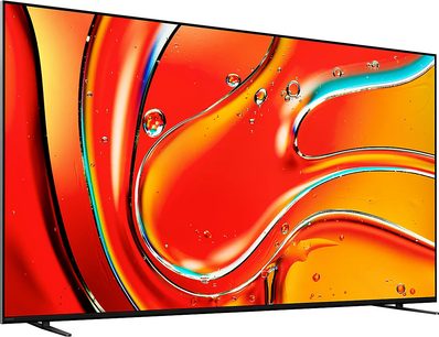 Sony 65 BRAVIA 7 (65XR70) fladskærm, set forfra, tynd sort ramme, abstrakt rød og orange display, metalstativ