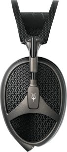 Sluchátka Meze Elite Tungsten, pohled zepředu, oblouk a skořepiny z tmavě šedého kovu, černá mřížka, kabel s konektorem jack 6,35 mm