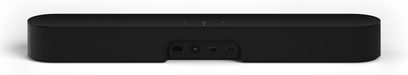 Sonos Beam sort soundbar, set forfra, rektangulær aflang form, mat sort overflade, knapper på toppen