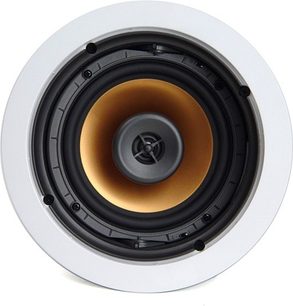 Klipsch CDT-5650-C indbygget højttaler, frontvisning, grå central diskant, ravfarvet kegle, hvid kant