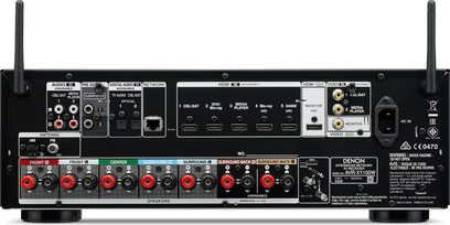 Denon AVR-X1100W sort hjemmebiografsforstærker, bagside, audio/video-tilslutninger, antenner, netværksstik, nærbillede