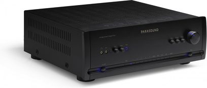 Parasound HALO INTEGRATED sort hi-fi stereforstærker, frontpanel, forfra, sort frontpanel med knapper og stik