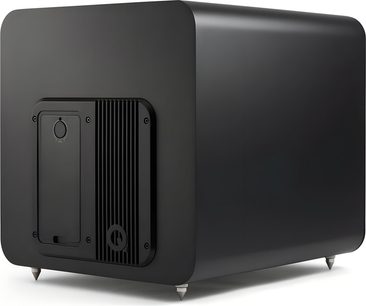 Q Acoustics Q SUB120 matte black subwoofer, wooden cubic enclosure with rounded edges, grooved rear panel, and metal conical feet, three-quarter rear view