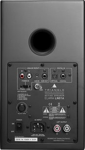 Aktiv Triangle Elara LN01A højttaler i sort. Bagside med analog og digital lydtilslutning, justeringer og bass-refleksport