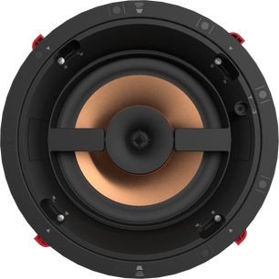 Vstavaný reproduktor Klipsch PRO-18-RC, výškový reproduktor s medenou kalotou, čierny basový reproduktor, čierny rám s červenými kolíkmi