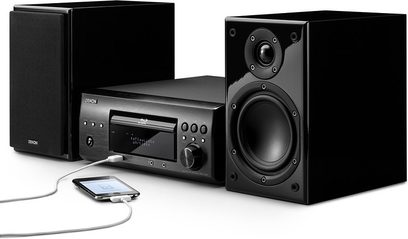 Denon D-X1000BD sort hi-fi-anlæg set forfra, Blu-ray-afspiller, forstærker, boghyldehøjttalere og subwoofer
