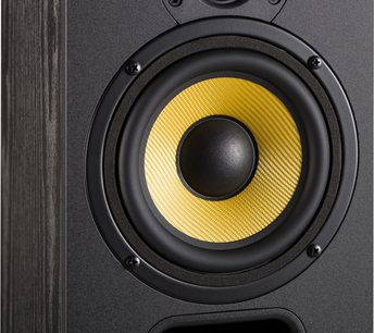 Davis Acoustics Ariane 1 højtaler, sort kabinet, tæt på fra forsiden, gul fletmembran, bassrefleksport