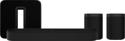 Sonos Beam + One SL + SUB (Gen 3) sort soundbar-pakke bestående af en soundbar, to højttalere og en basforstærker