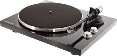 Hi-fi pladespiller Enova HIFI Vision 4 USB sort, set oppefra, mat sort pladebakke, sort tonarm, sølvfarvede kontroller